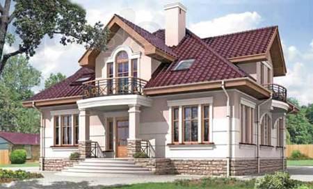 Двухэтажный дом из газобетона 12х12 м с фигурной крышей.