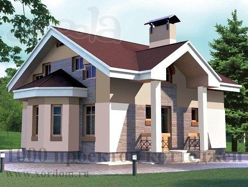 Двухэтажный дом из кирпича в стиле модерн с эркером и пилонами.