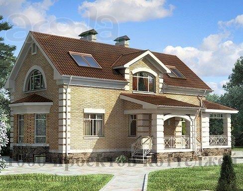 Двухэтажный кирпичный дом на 192 кв. м с эркером и цокольным этажом.