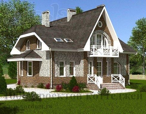 Двухэтажный кирпичный дом с полукруглым эркером.