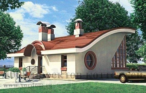 Двухэтажный кирпичный дом в стиле модерн с крышей волной.