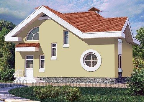 Кирпичный дом с мансардой в стиле модерн с круглыми окнами.