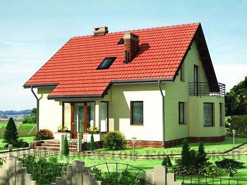 Проект кирпичного двухэтажного дома с эркером и балконом над ним.